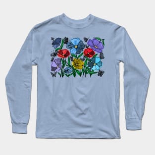 BOTANICAL FLORALS AND UNIQUE BUTTERFLIES DOODLES  _ DIGITAL BLACK LINE & WATERCOLORS Long Sleeve T-Shirt